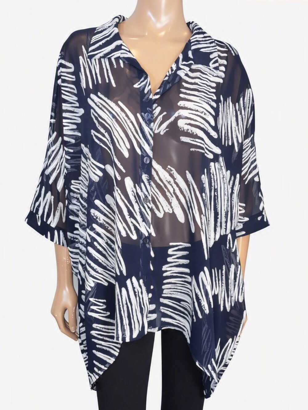 Compli K Sheer Navy Brushstroke Blouse Artsy Statement Top Oversized Size Medium